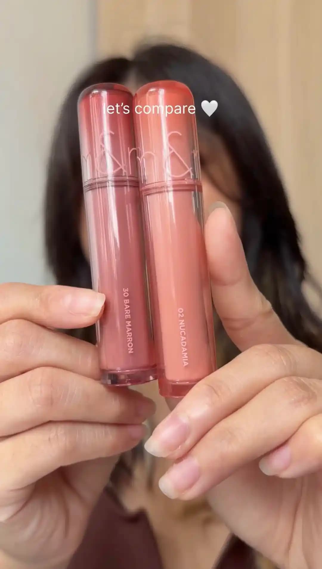 Rom&nd Juicy Lasting Tint 02 Nucadamia ve 30 Bare Marron Renk Karşılaştırması