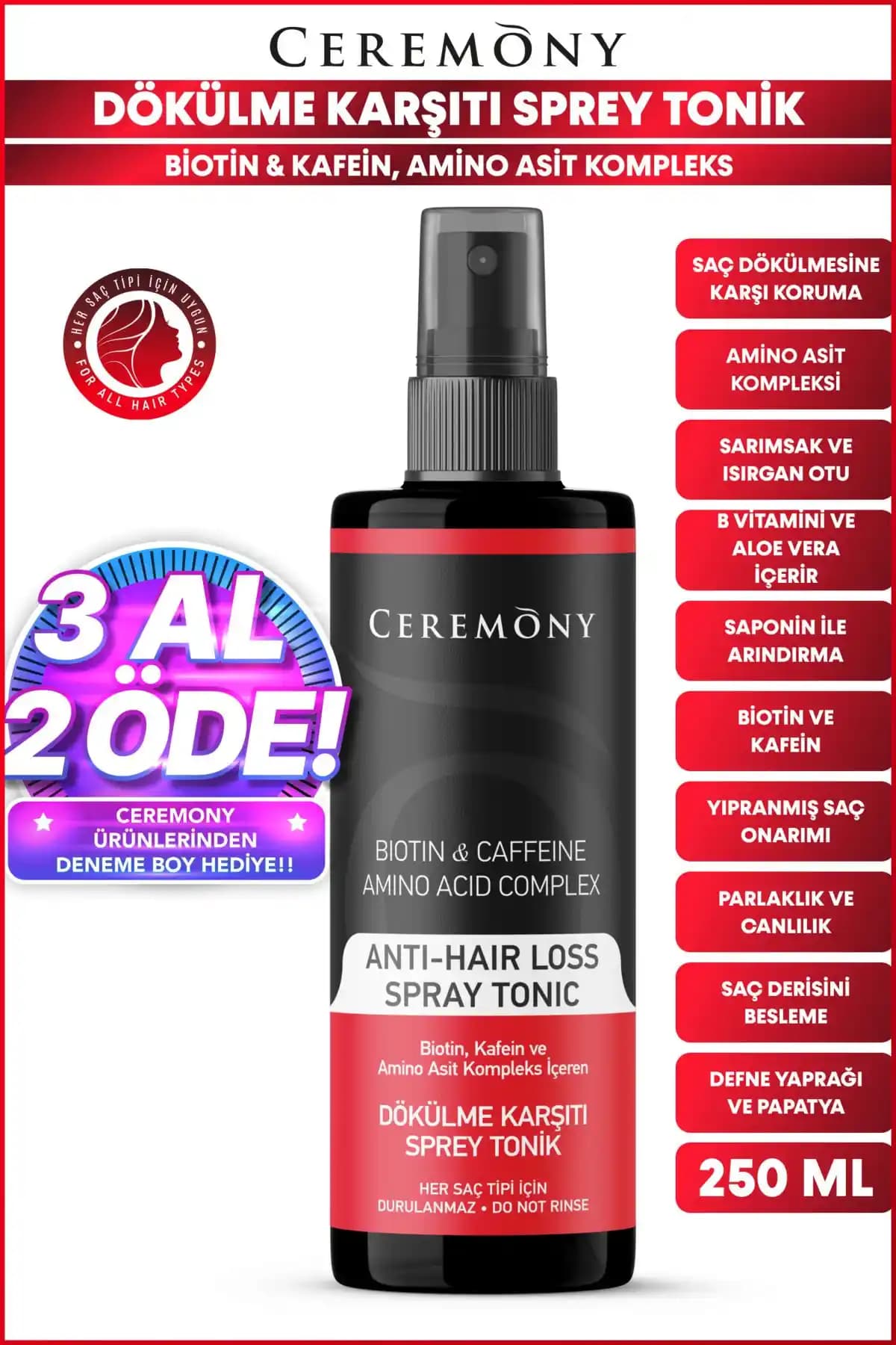 Ceremony Saç Spreyi: Biotin, Kafein ve Amino Kompleks ile Saç Dökülmesini Önleme