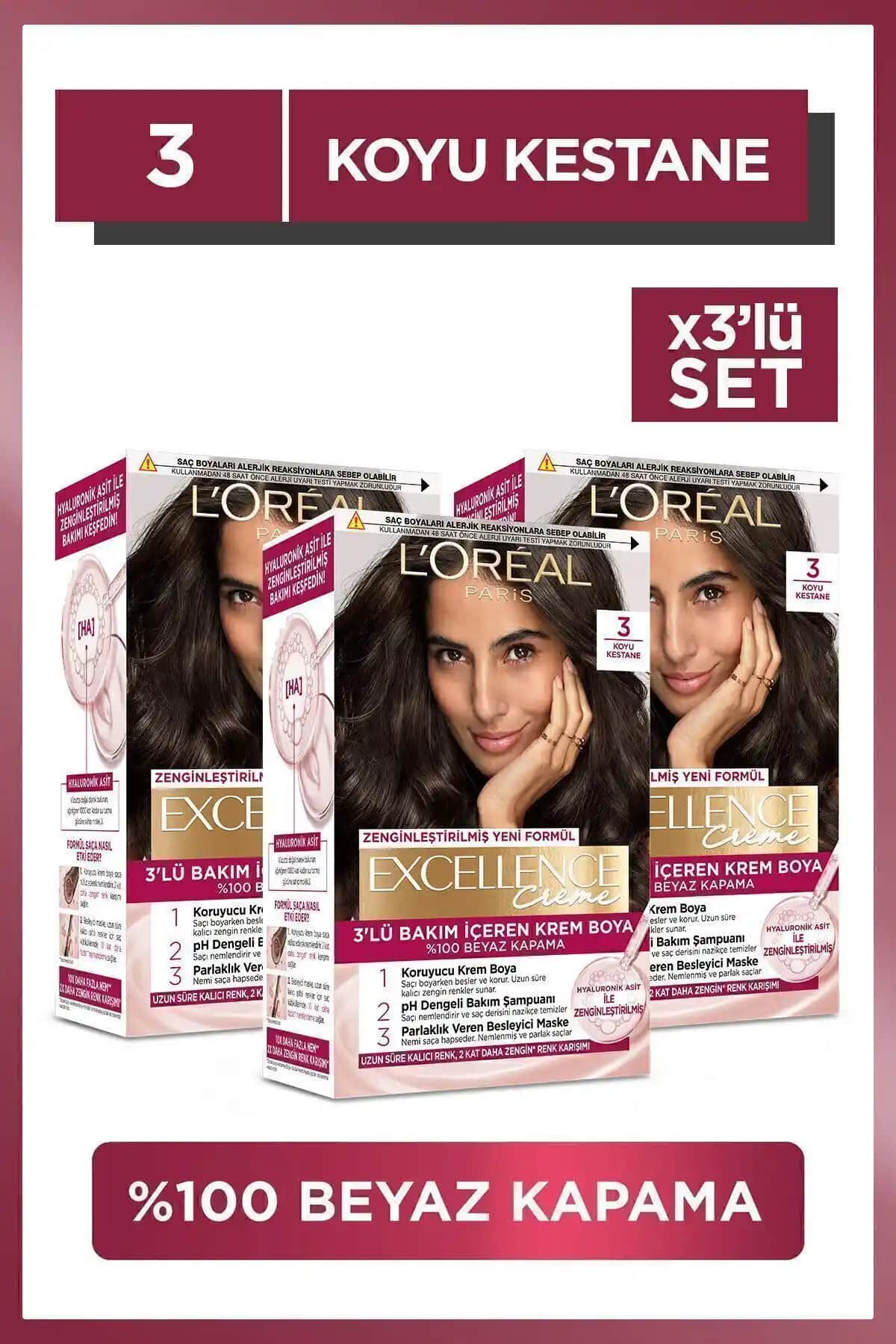 L'Oreal Paris Excellence Creme 3 Koyu Kestane Saç Boyası Uzun Süreli Kalıcılık ve Parlaklık