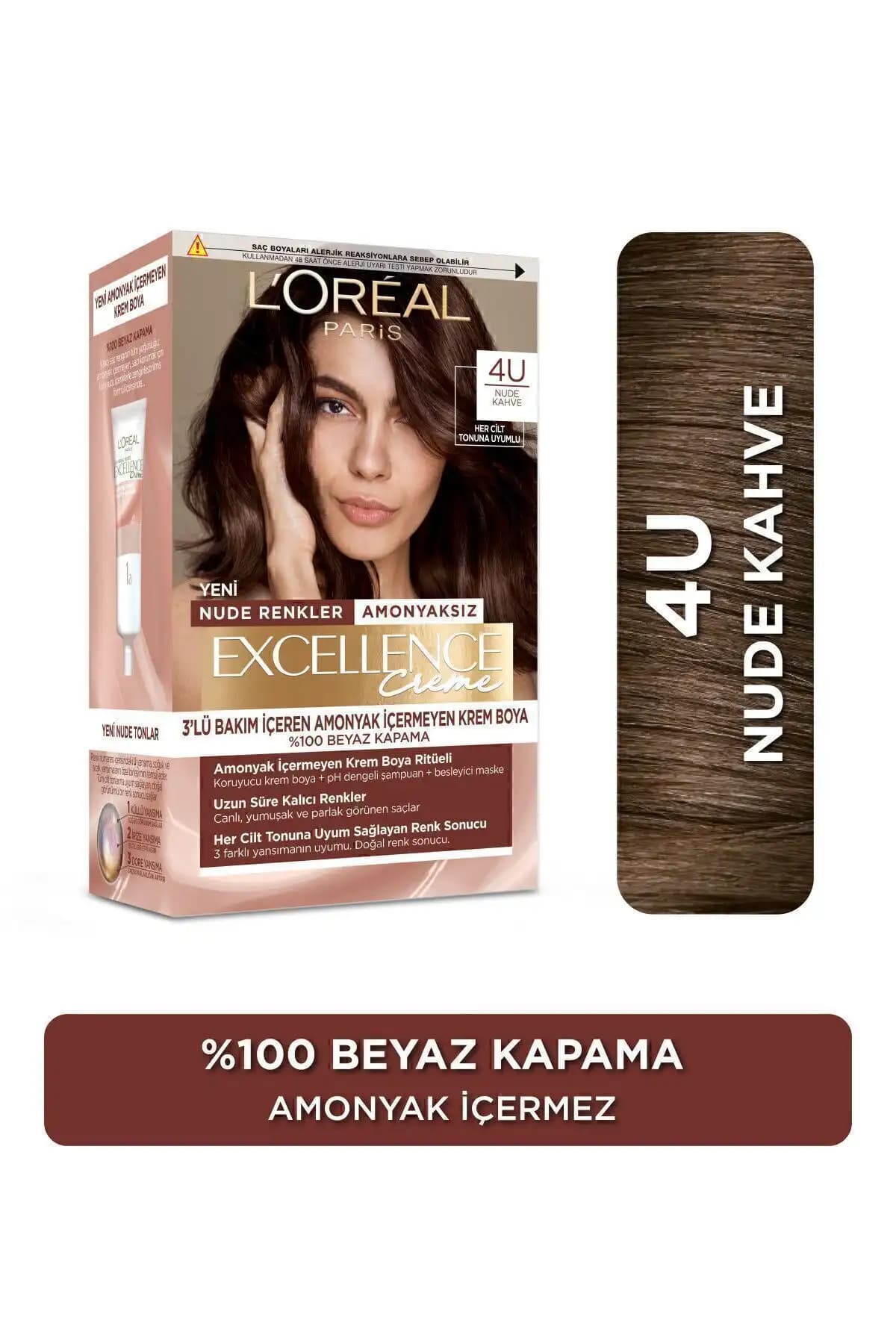 L'Oréal Paris Excellence Creme Nude Renkler Saç Boyası 4U Nude Kahve Doğal ve Kalıcı Ton