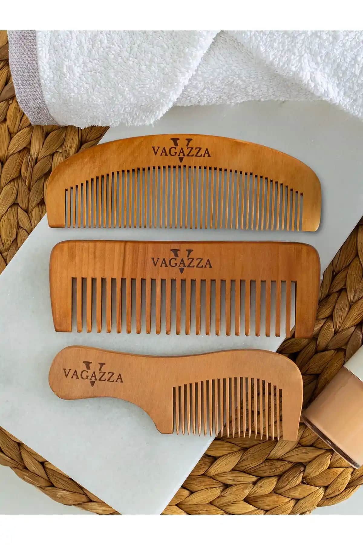 VAGAZZA COSMETİC 100% Doğal Ahşap 3'lü Şimşir Tarak Seti ile Sağlıklı Saç Bakımı