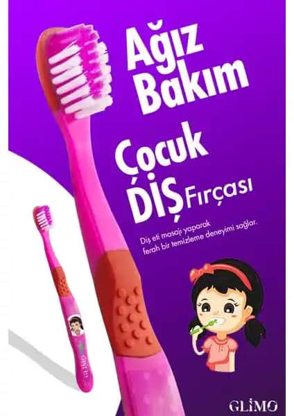 Çocuklar İçin Güvenli ve Eğlenceli Glimo Kids Pembe Ağız Bakım Diş Fırçası
