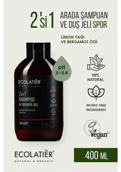ECOLATIER 2’si 1 Arada Erkek Duş Jeli ve Şampuan Ürünü Günlük ve Spor Kullanımı İçin