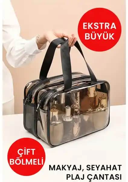 Kayoubi Arnee Şeffaf Çift Bölmeli Büyük Kadın Seyahat Kozmetik Çantası ve Organizerleri