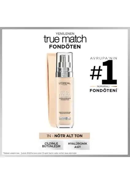 L'Oréal Paris True Match Bakım Yapan Fondöten 1N Nötr Alt Ton Doğal ve Hafif Görünüm Sağlar