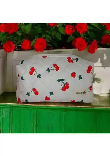 Nartella Kiraz Desenli Büyük Boy Kapitone Makyaj ve Seyahat Çantası - Şık ve Pratik Tasarım