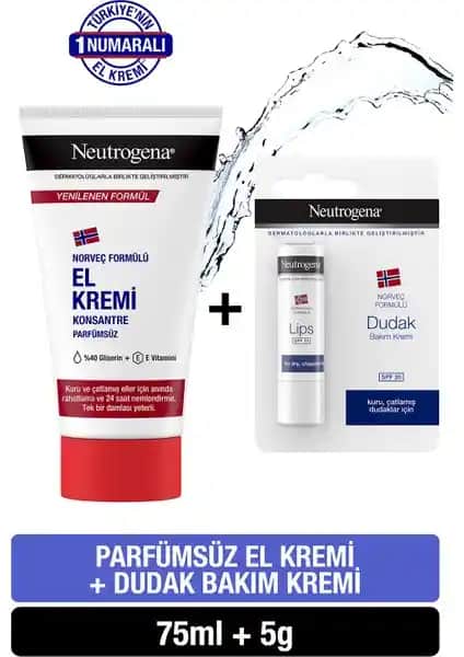 Neutrogena Norveç Formülü Parfümsüz El ve Dudak Kremi Günlük Nemlendirme ve Koruma