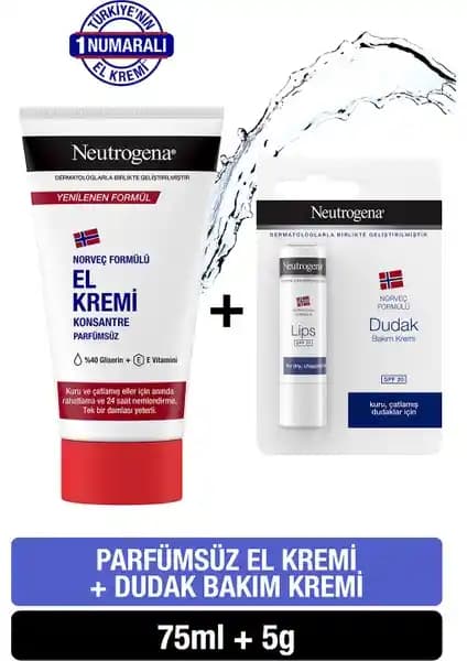 Neutrogena Norveç Formülü Parfümsüz El ve Dudak Kremi Günlük Nemlendirme ve Koruma