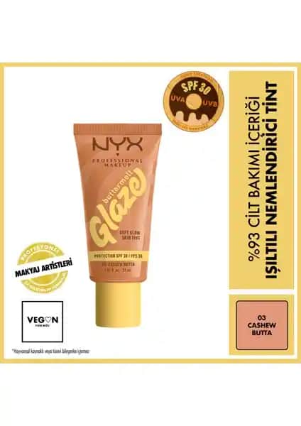 NYX Buttermelt Glaze Işıltılı Nemlendirici Tint 03 Cashew Butta Doğal Görünüm ve Güneş Koruması