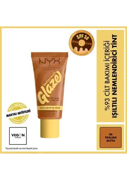 NYX Buttermelt Glaze Işıltılı Nemlendirici Tint 06 Praline Butta – Güneş Koruyucu ve Bakım Özellikleriyle Öne Çıkan Makyaj Ürünü