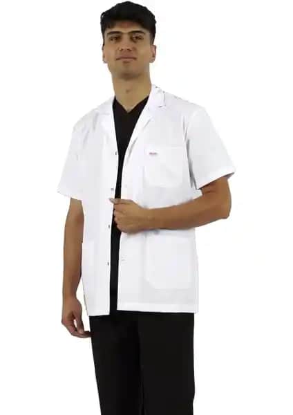 Seza Tekstil Erkek Laboratuvar Önlüğü Gömlek Yaka Kısa Kollu Beyaz Profesyonel Kıyafet