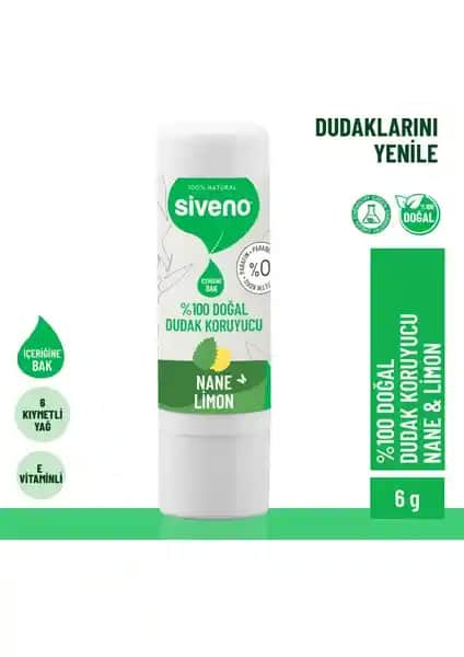 Siveno Doğal Dudak Koruyucu Lip Balm Nane ve Limon Aromasıyla Nem ve Parlaklık Kazandırır