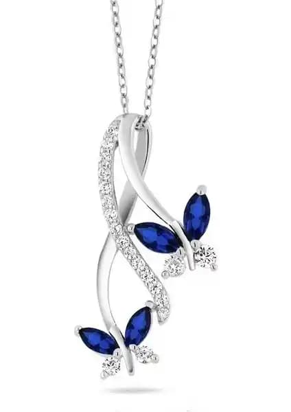 Brezza Lusso Mücevher: 925 Ayar Gümüş Kelebek Sonsuzluk Safir Taşlı Kolye, Zarif Hediye
