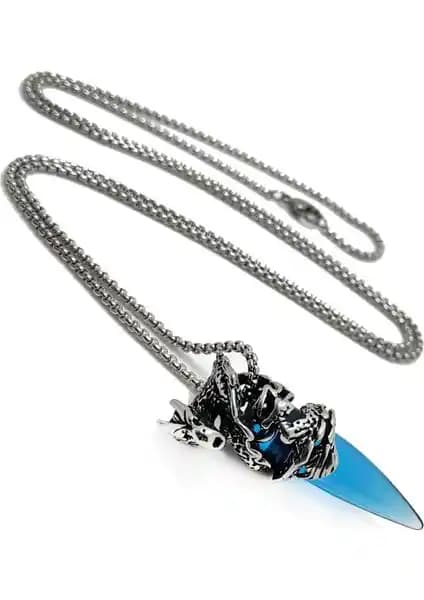 Chavin Ejderha Mavi Taşlı 75 cm Erkek Çelik Kolye, 316L Paslanmaz Çelik, Hediye Kutulu