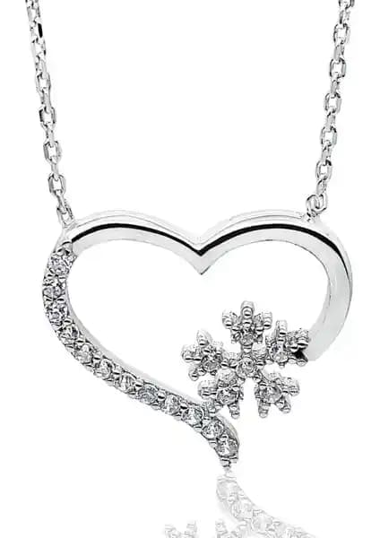 Chavin Kalp ve Kartanesi Zirkon Taşlı Gümüş Kolye ct34 - Beyaz Altın Kaplama, Zarif Tasarım