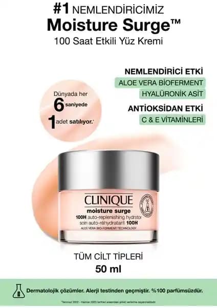 Clinique Moisture Surge 100 Saat Etkili Nemlendirici Yüz Kremi: Aloe Vera BioFerment ile Uzun Nem