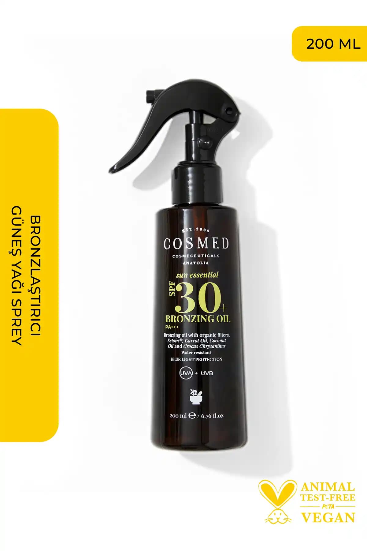 COSMED Bronzlaştırıcı Güneş Yağı Sprey SPF 30 – Geniş Spektrum Koruma, Yağ Formu ve Hafif Işıltı