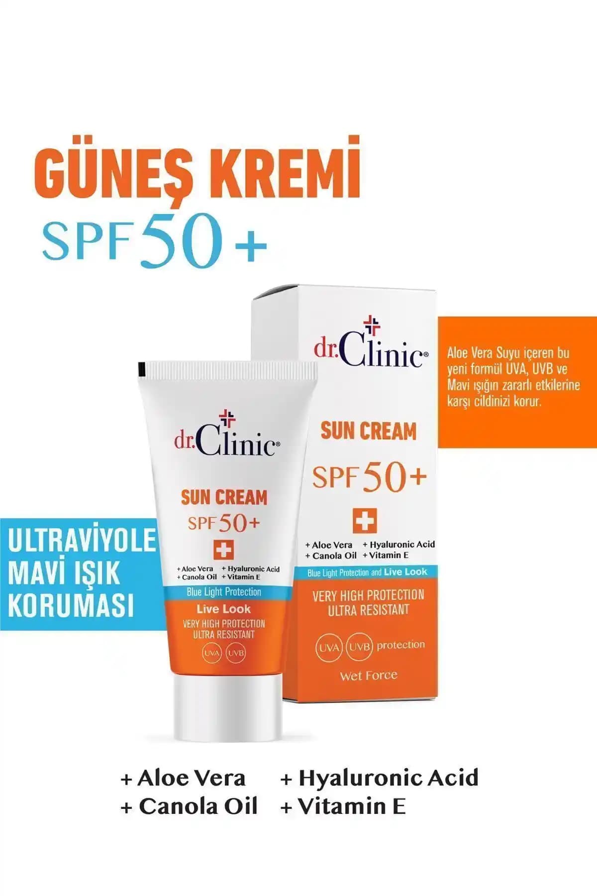 Dr. Clinic 50 Faktör Güneş Kremi: Türkiye menşeli, 50 ml tüp SPF 50+ güneş koruması