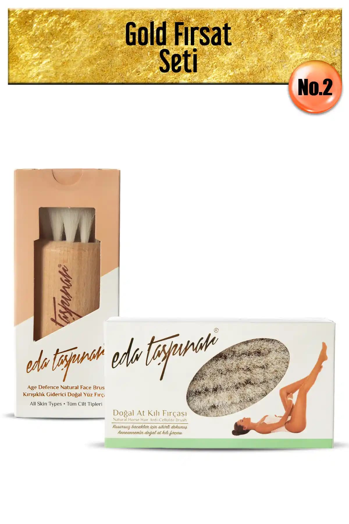 Eda Taşpınar Gold Fırsat Seti No.2: Doğal Yüz Fırçası ve Selülit Fırçası – Cilt Bakımı