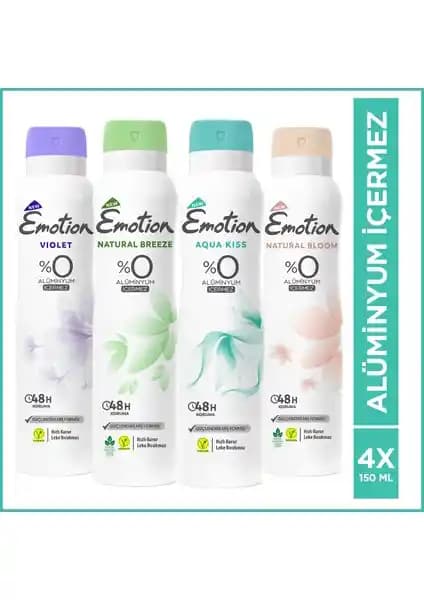 Emotion Kadın Deodorant 4x150 ml Seti: Pudrasız Spreyli Koku Çeşitleri ve Türkiye Menşei