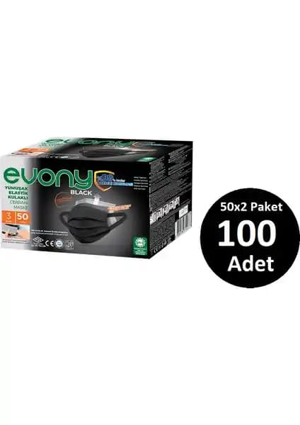 EVONY Siyah 3 Katmanlı Cerrahi Maske - Burun Teli ve Elastik Kulak Bandı, 100 Adet, CE/ISO13485