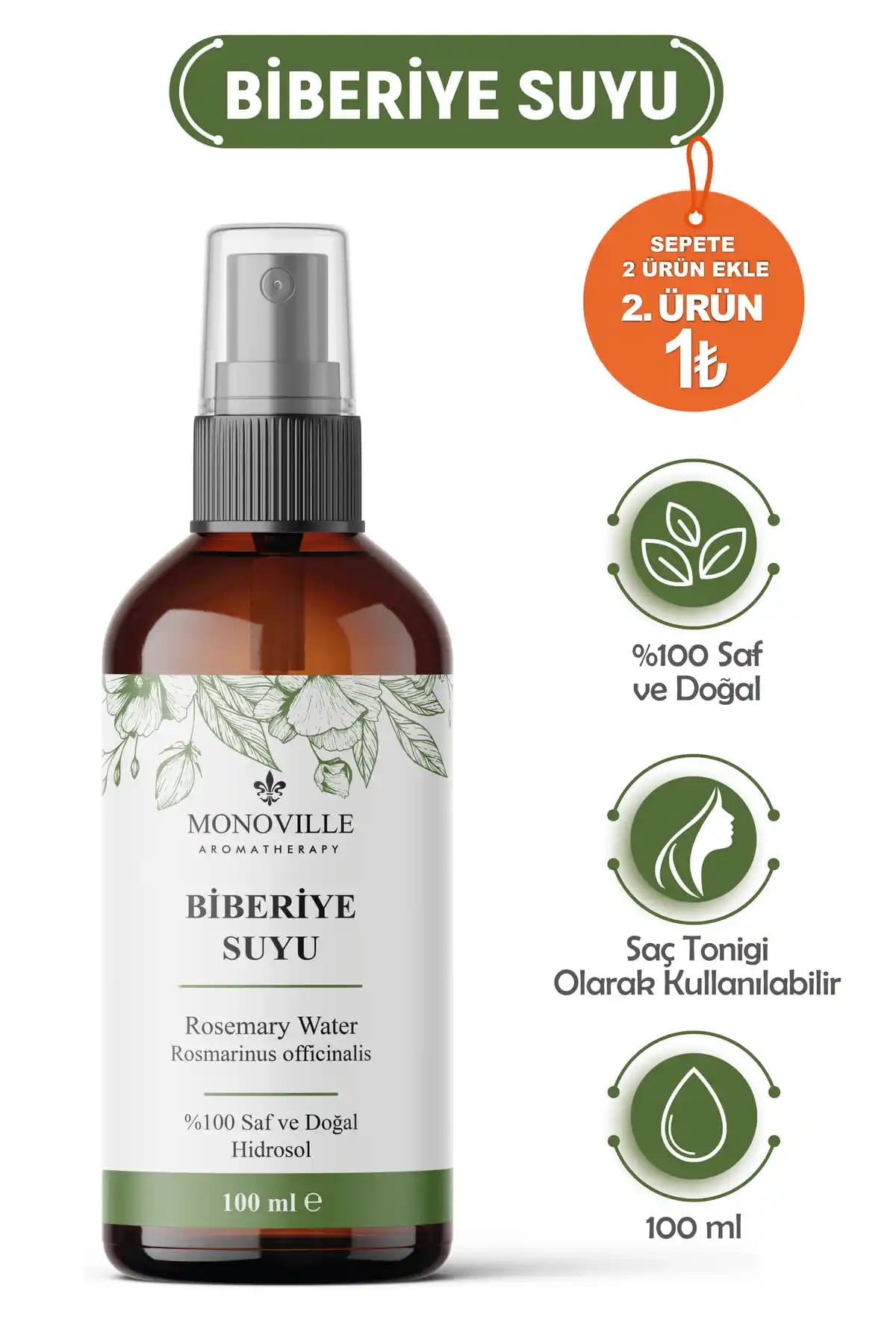 Monoville Biberiye Suyu Dökülme Karşıtı Saç Toniği – %100 Saf Hidrosol, 100 ml