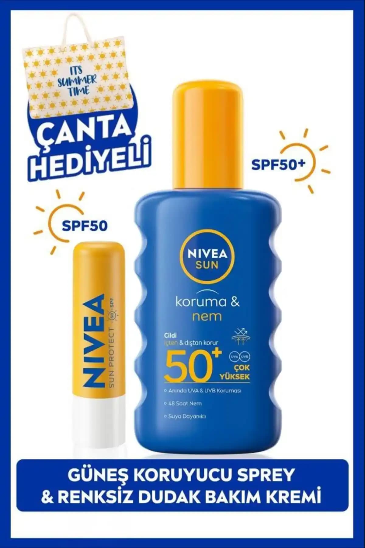 NIVEA SUN SPF50 Paketi: Vücut Spreyi ve Dudak Bakım Kremiyle Güneşe Karşı Koruma ve Nem