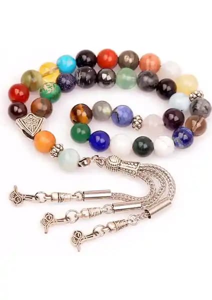 Taş Sanığı Çakra Taşları Tesbihi: 35 Doğal Taş, 8mm Boncuk, 24 cm Uzunluk boyu