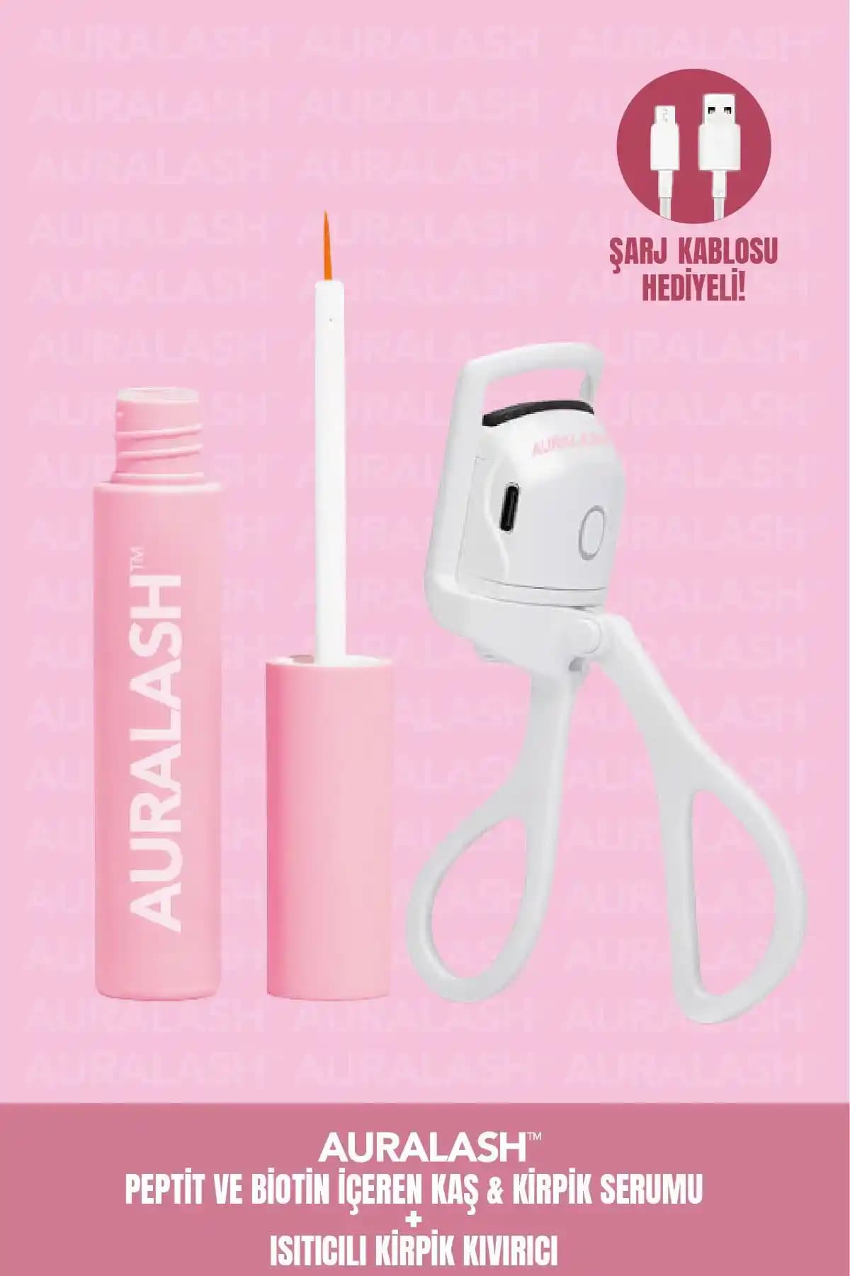 AURALASH Peptit ve Biotin İçeren Kaş Kirpik Serumu ile Isıtıcılı Kirpik Kıvırıcı