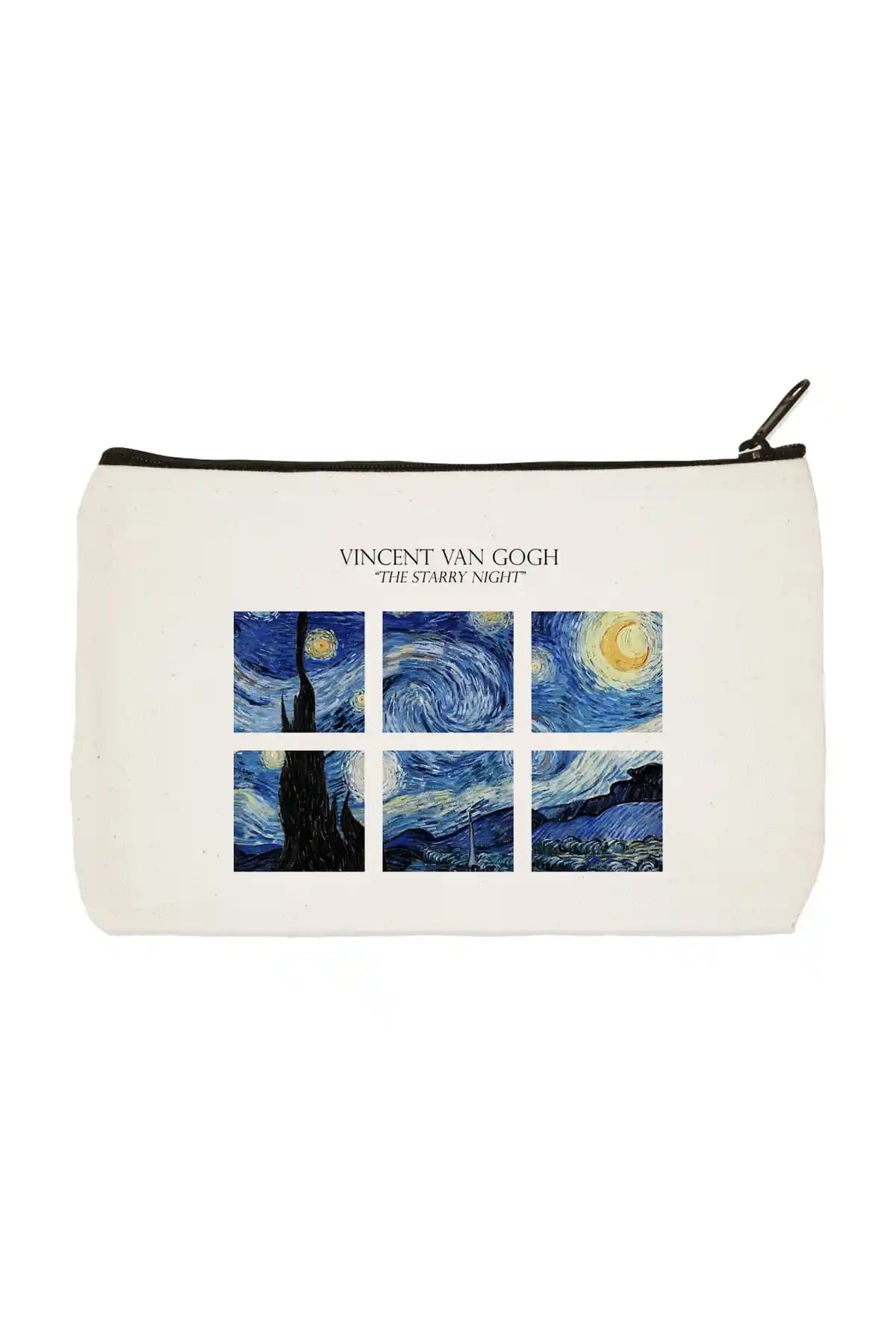 designedfy Clutch Van Gogh Starry Night 3 Baskılı Bez Makyaj Çantası ve Kalemlik - Çok Amaçlı Pamuk Kumaş Çanta