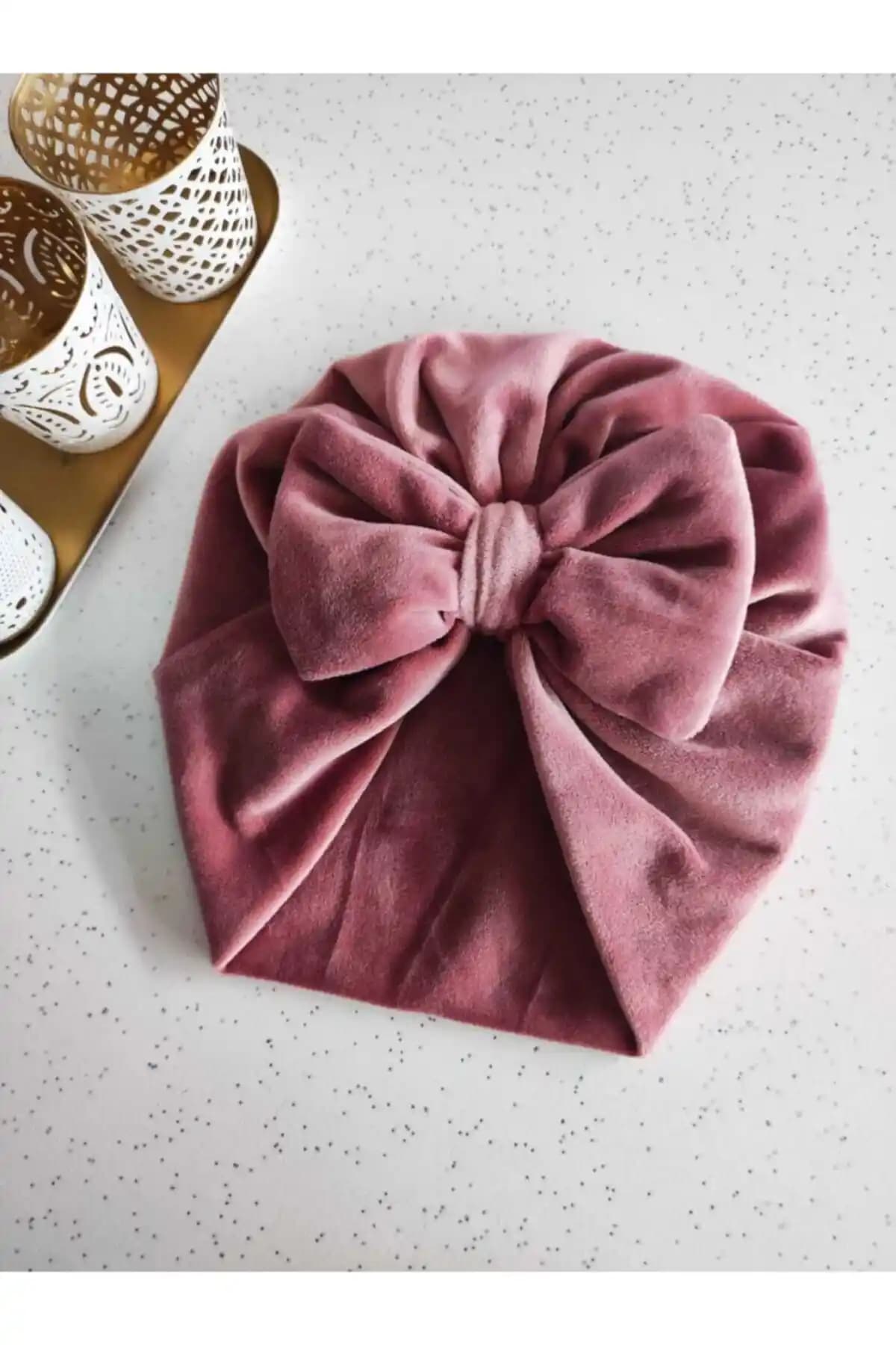 Elvin Aksesuar Gül Kurusu Renkli Çift Katlı Kadife Fiyonklu Kız Bebek Bonesi