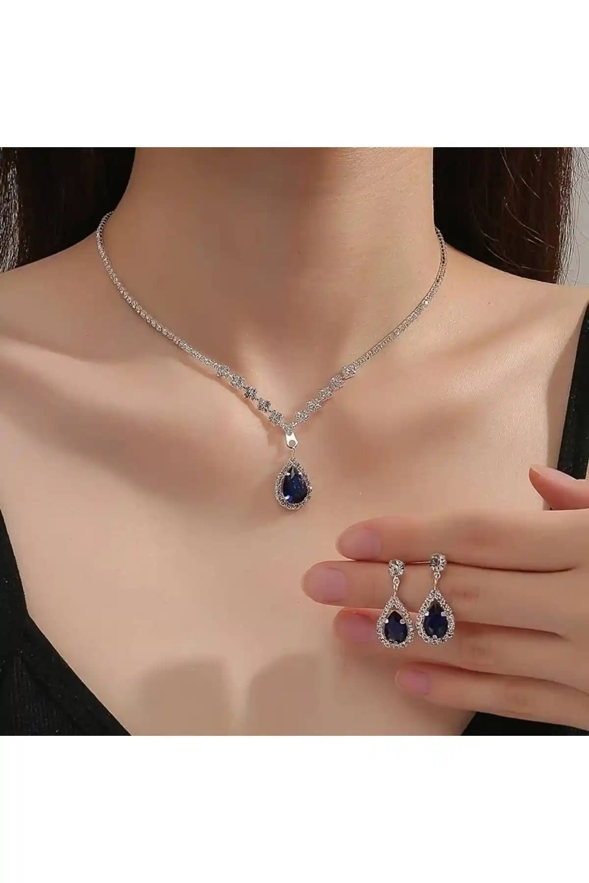 Estilo Lingerie Mavi Damla Taşlı Su Yolu Zirkon Kolye Küpe Seti Zarif ve Dayanıklı Tasarım