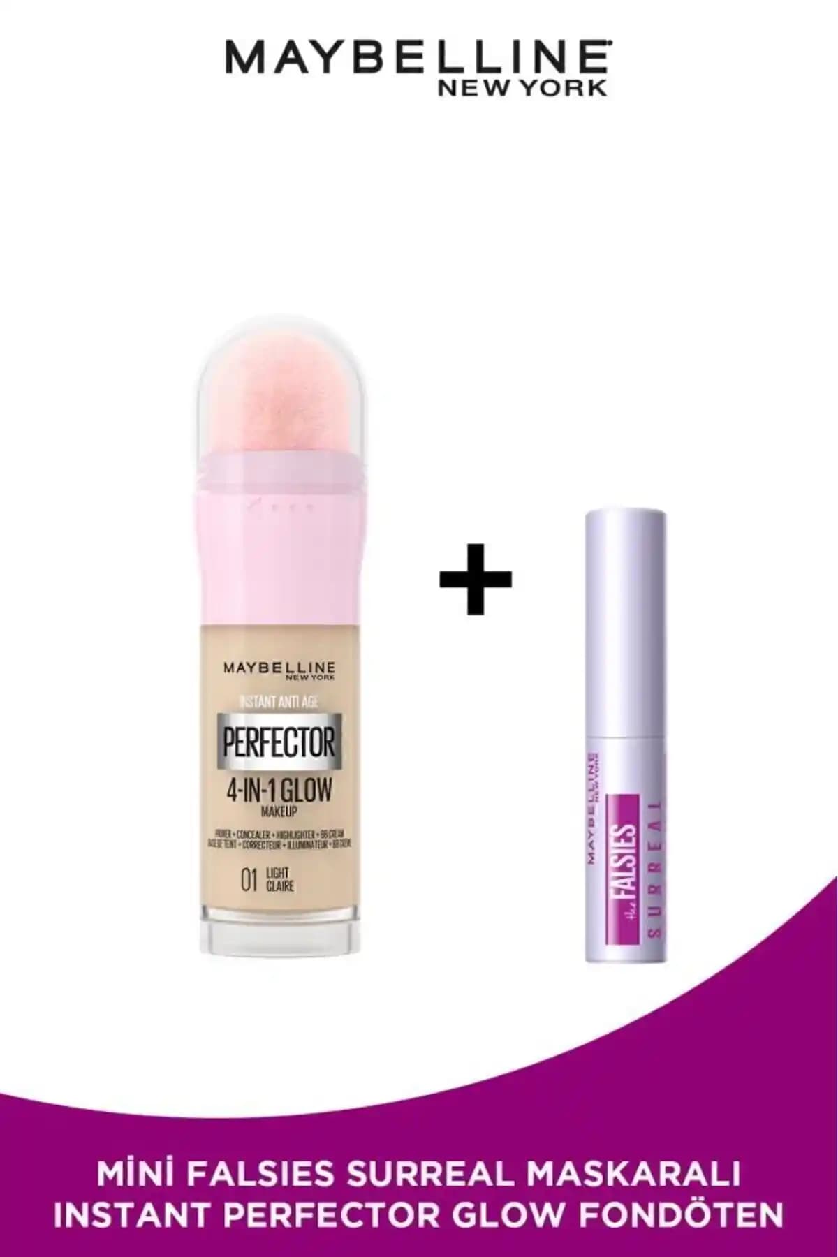 Maybelline Instant Perfector Glow 4 Etki 1 Arada Fondöten 01 Light ve Mini Maskara