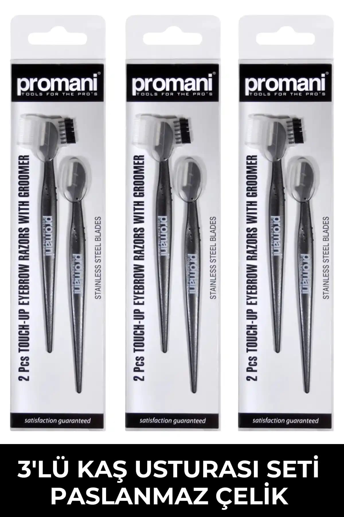 Promani Profesyonel Paslanmaz Çelik 3'lü Kaş Usturası ve Yüz Jileti Seti