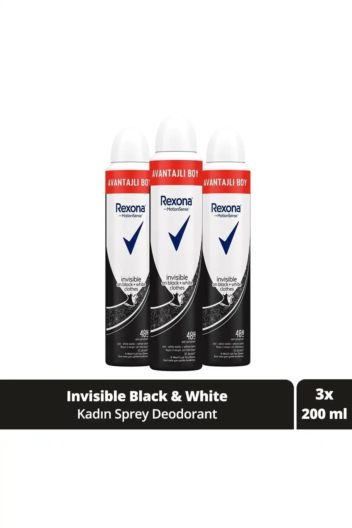 Rexona Kadın Sprey Deodorant Invisible On Black White 200 ml Üçlü Avantajlı Paket