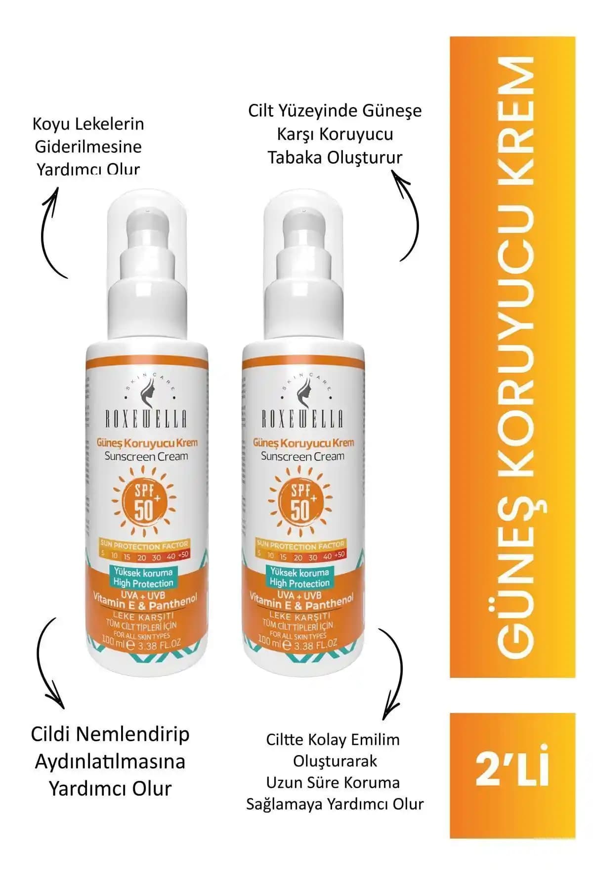 ROXEWELLA Güneş Kremi 100 ml: SPF 50+ Yüksek Koruma ve Leke Karşıtı Bakım