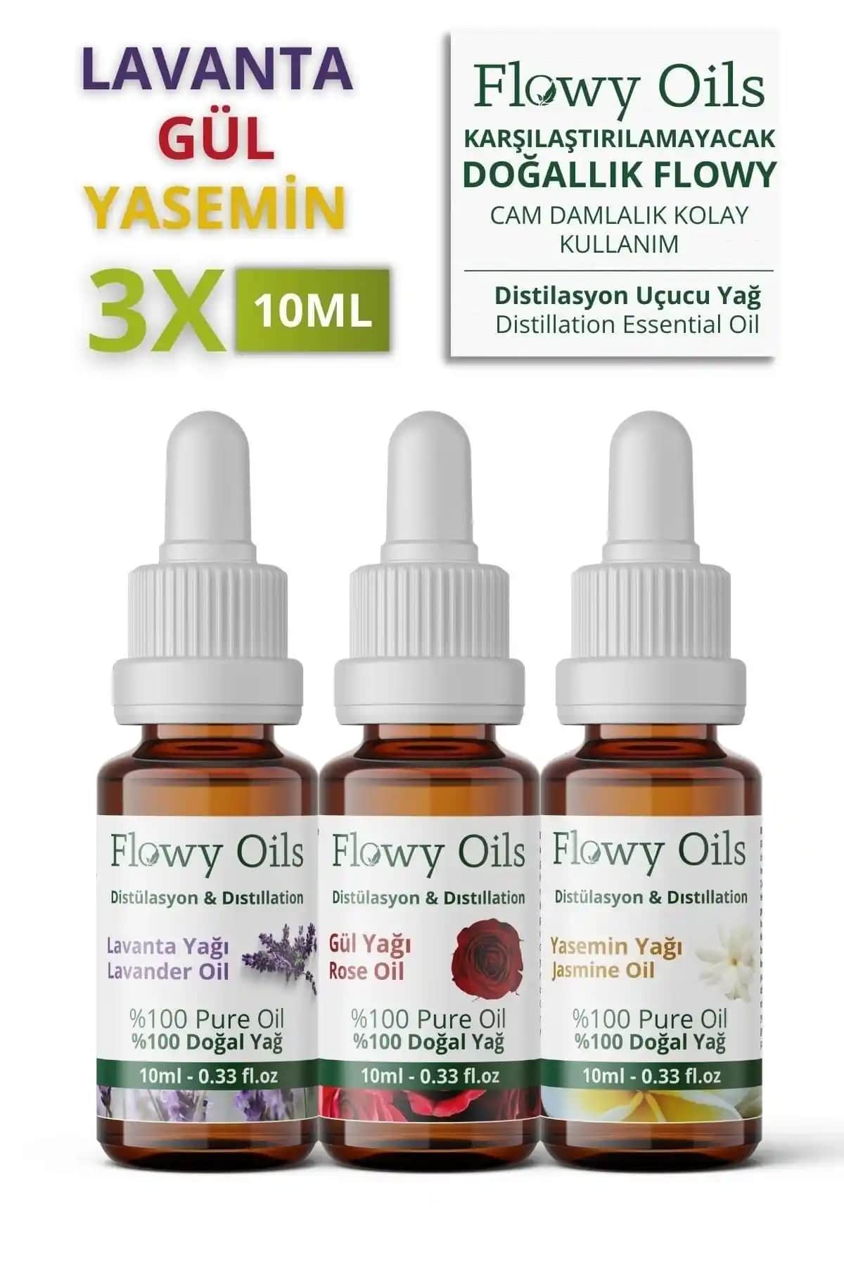 Flowy Oils Lavanta Yasemin Gül Yağı Seti Doğal ve Kaliteli Aromaterapi Ürünleri