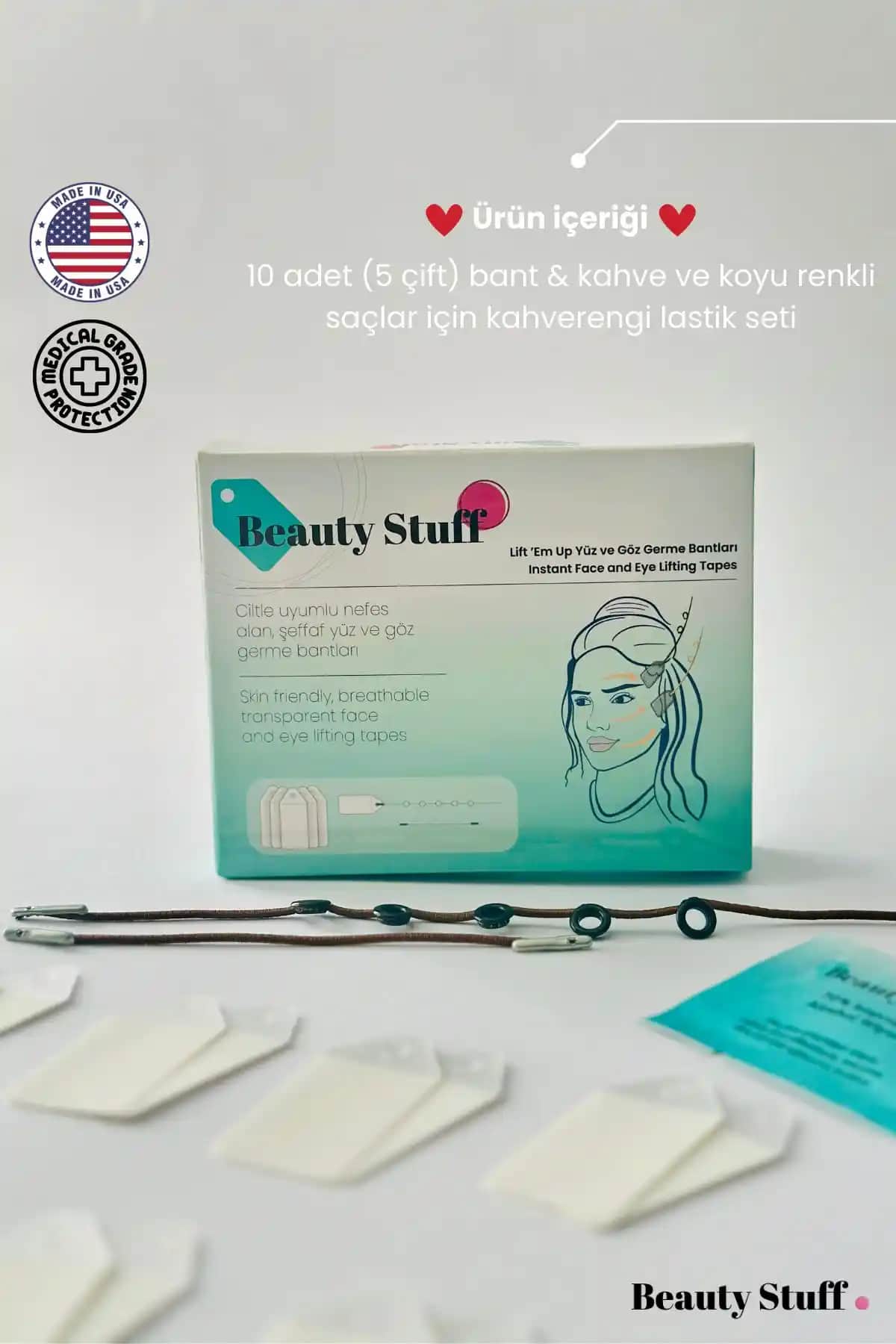 Lift Em Up Kahverengi Lastikli Yüz ve Göz Germe Bantları ile Estetik ve Gençlik Kazanın