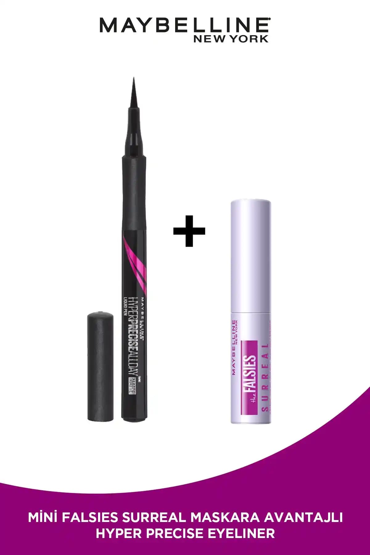 Maybelline New York Hyper Precise All Day Mat Siyah Eyeliner ve Mini Falsies Surreal Maskara Seti İnce ve Hacimli Göz Makyajı İsteyenler İçin