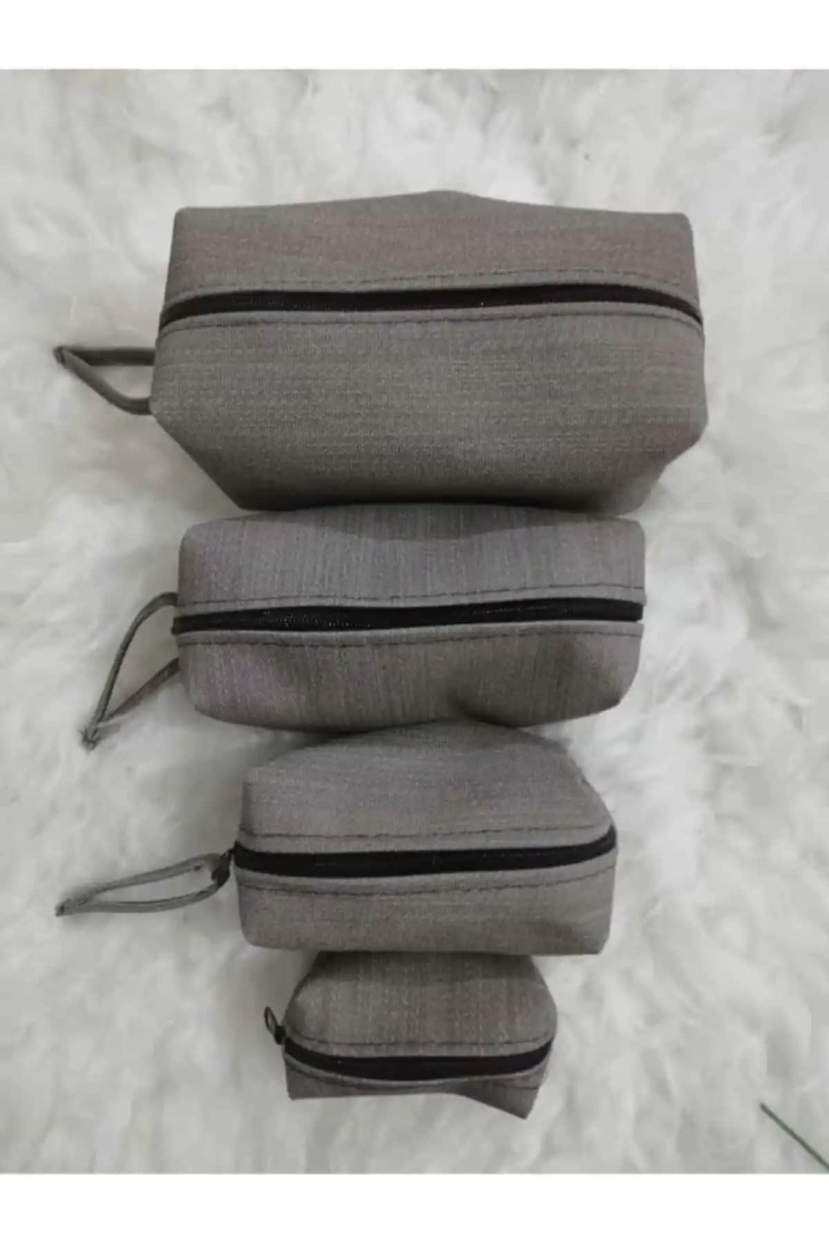 Rose Gri Suni Matruşka Makyaj Çantası Seti 4 Adet Şık ve Dayanıklı Tasarım