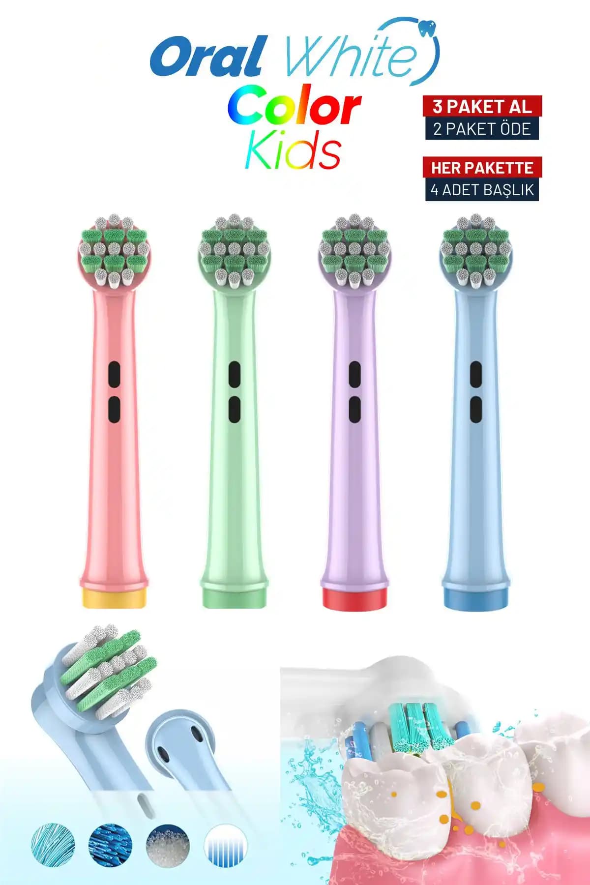 Çocuklar İçin Güvenli ve Renkli Oral White Color Kids Yedek Diş Fırçası Başlıkları