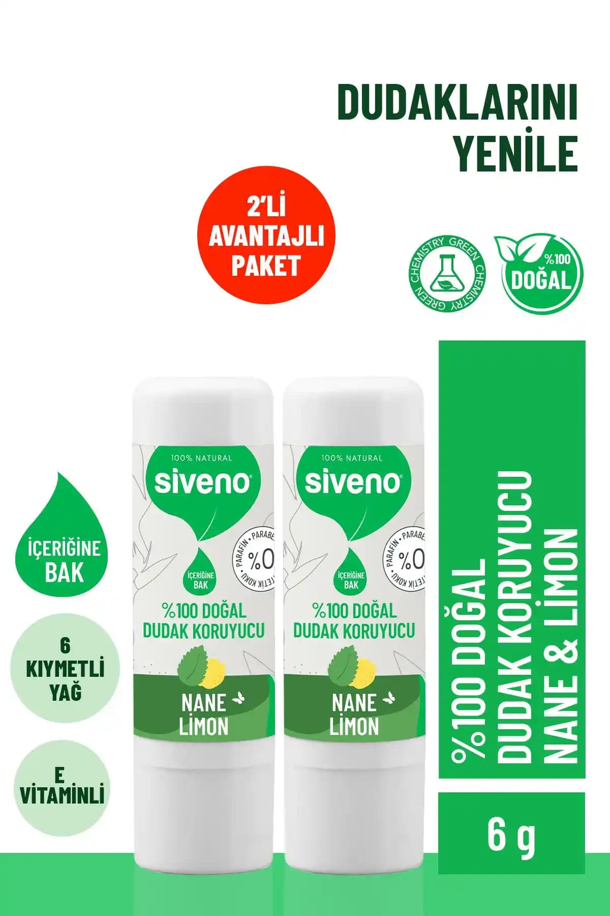 Siveno %100 Doğal Dudak Koruyucu Nane ve Limon ile Nemlendirici ve Onarıcı Etki