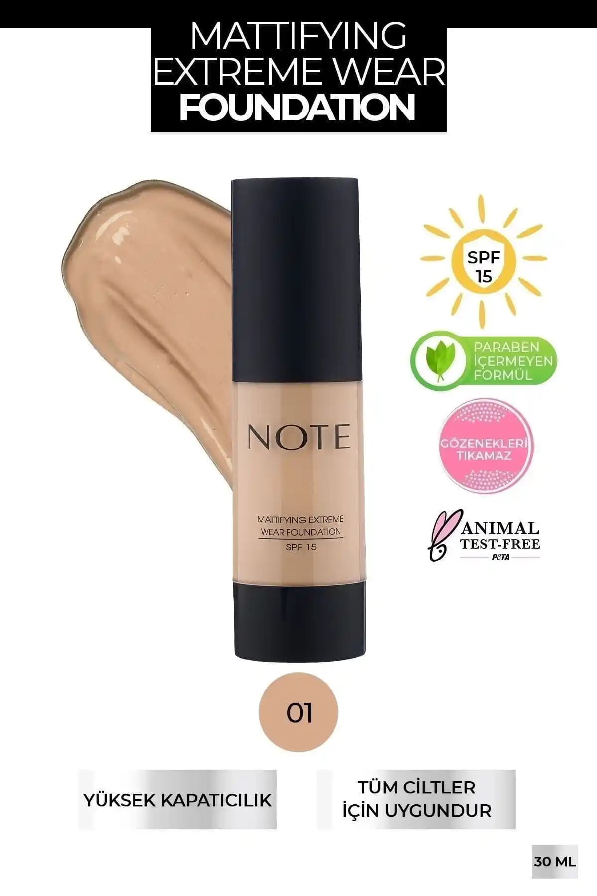 Note Cosmetics Matifying Extreme Wear SPF 15 Yoğun Kapatıcı Fondöten 01 Bej