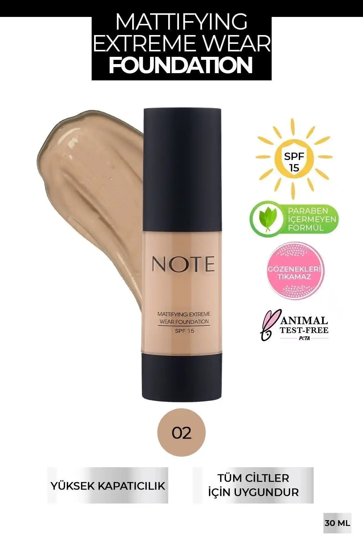 Note Cosmetics Mattifying Extreme Wear SPF 15 Yoğun Kapatıcı Mat Fondöten 02 Natural Beige