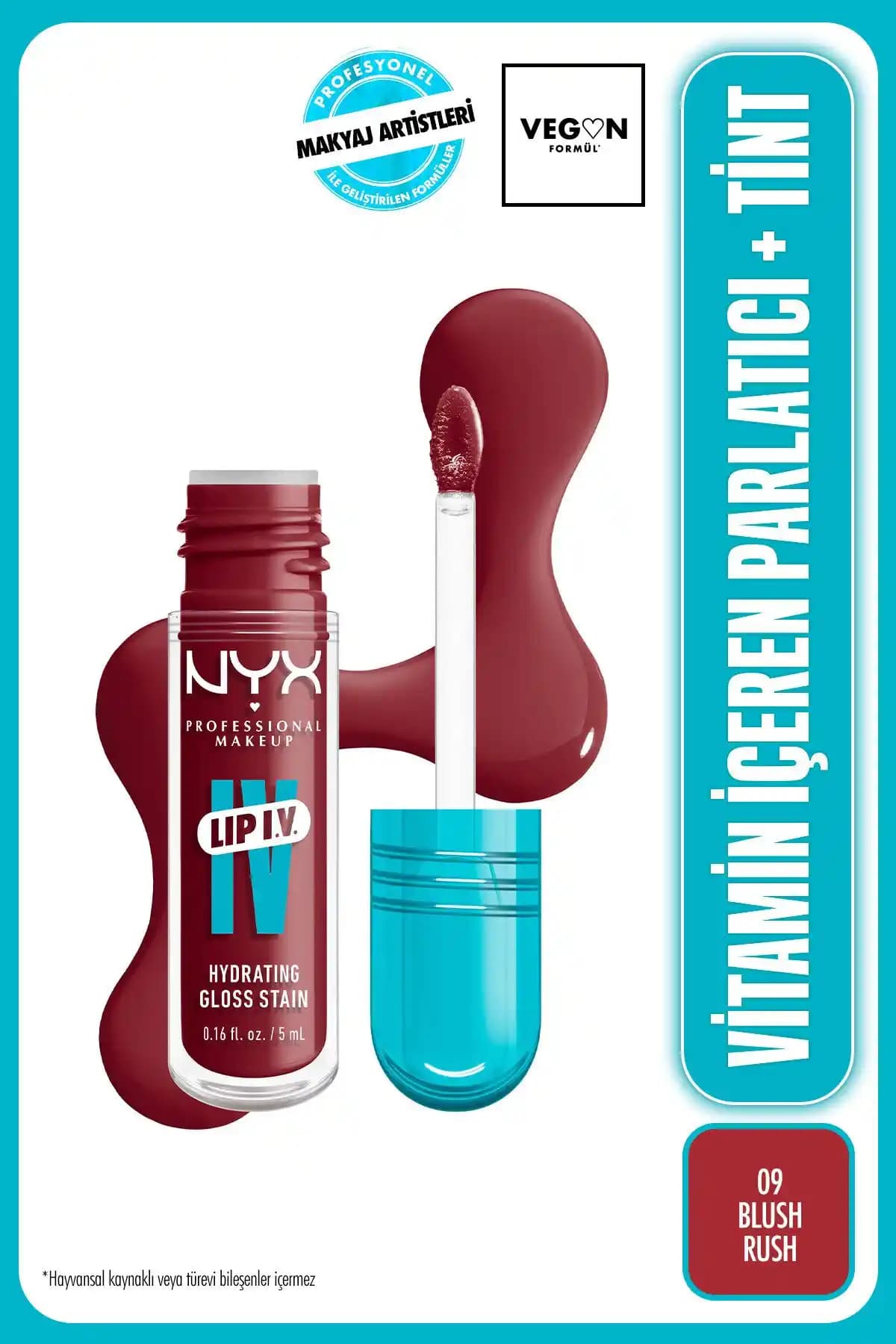 NYX LIP I.V. Vitamin İçeren Parlatıcı ve Tint 09 Blush Rush doğal ve kalıcı dudak görünümü sağlar