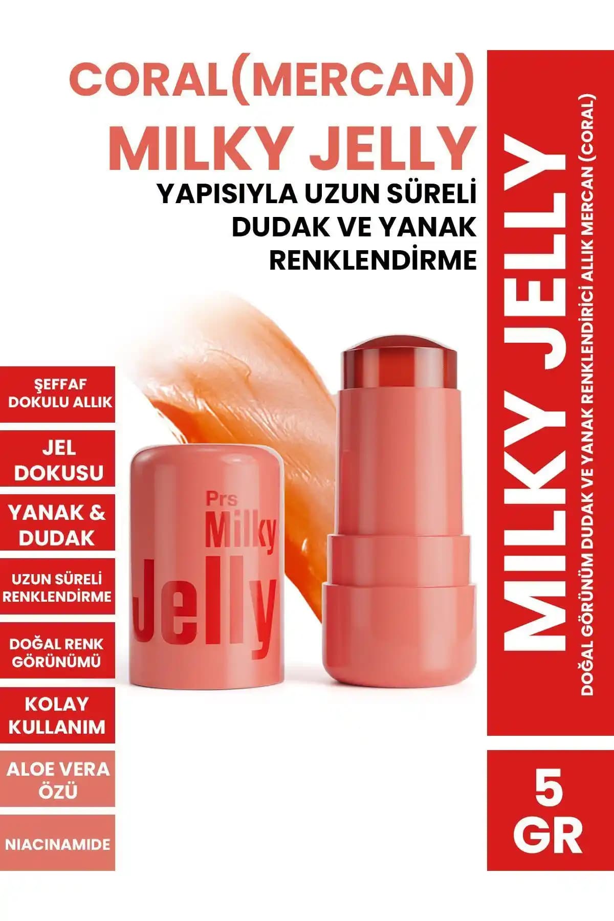 PROCSIN Milky Jelly Mercan Renkli Allık ve Dudak Parlatıcı 5 GR Doğal Görünüm