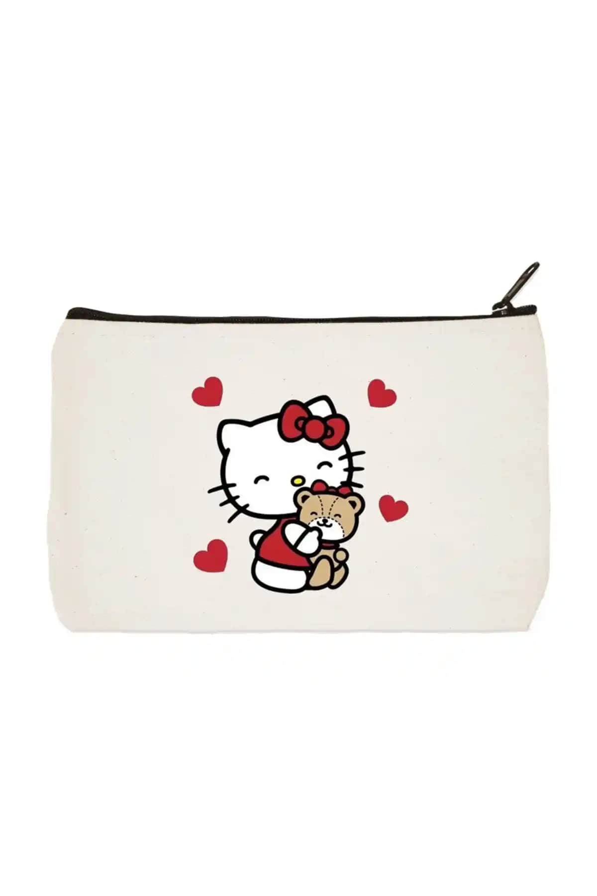 Designedfy Hello Kitty Çok Fonksiyonlu Bez Makyaj Çantası Kalemlik ve El Çantası Gelişmiş Tasarım