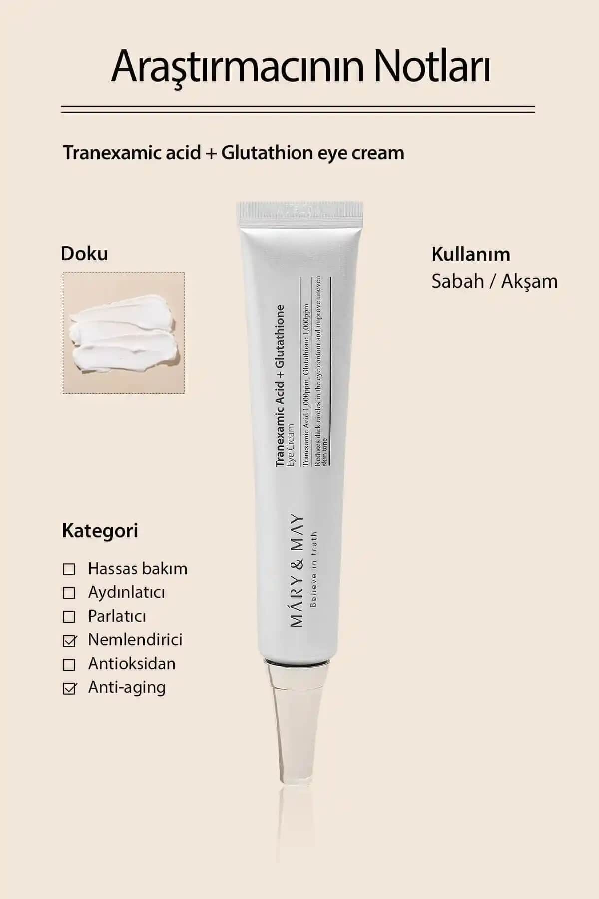 Mary & May Tranexamic Acid ve Glutathione İçeren Göz Çevresi Kremi: Parlaklık ve Sağlık İçin Güçlü Bir Seçenek