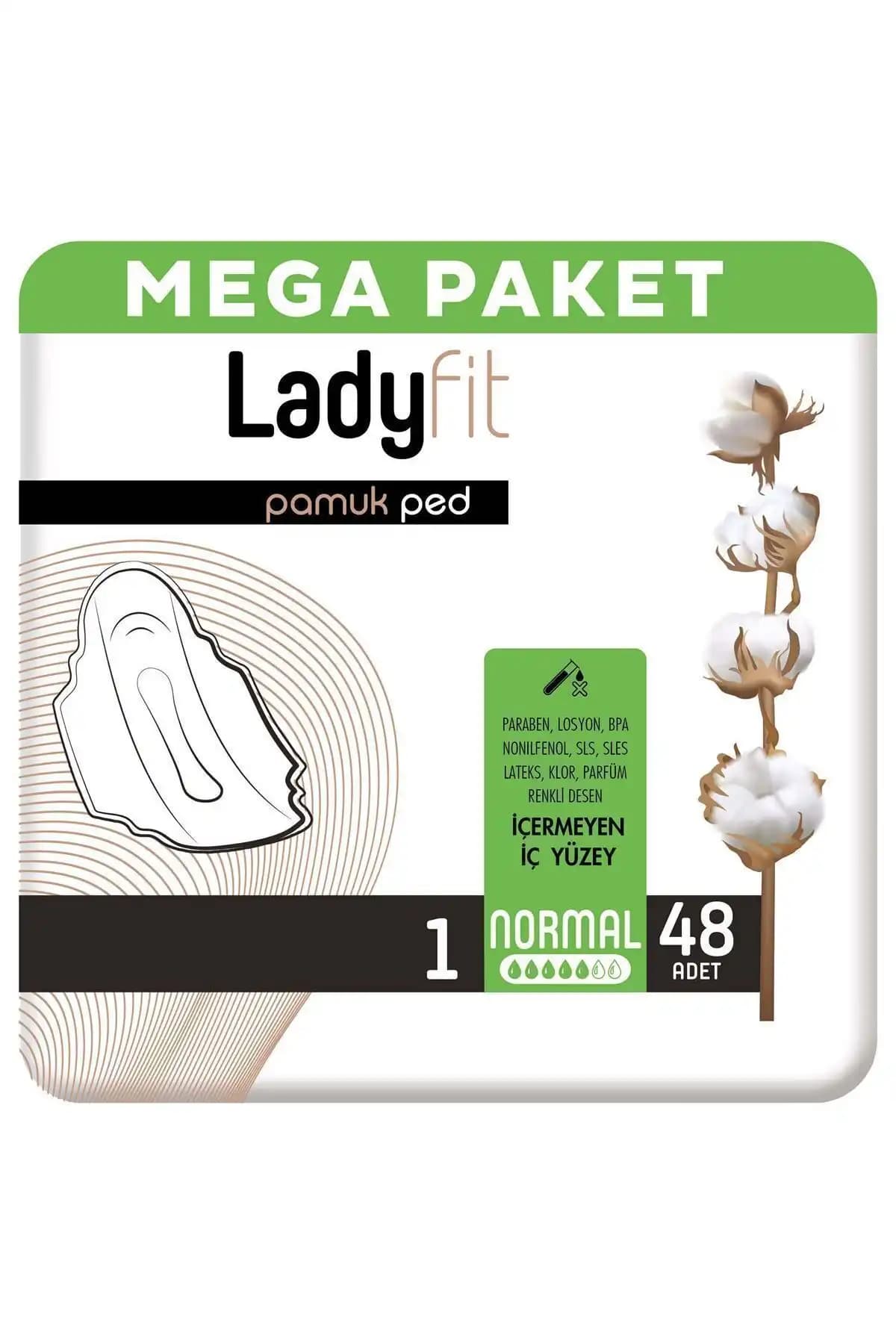 Lady Fit Pamuk Ped Mega Normal 48'li paket, günlük kullanım için sağlıklı ve emici kadın pedi