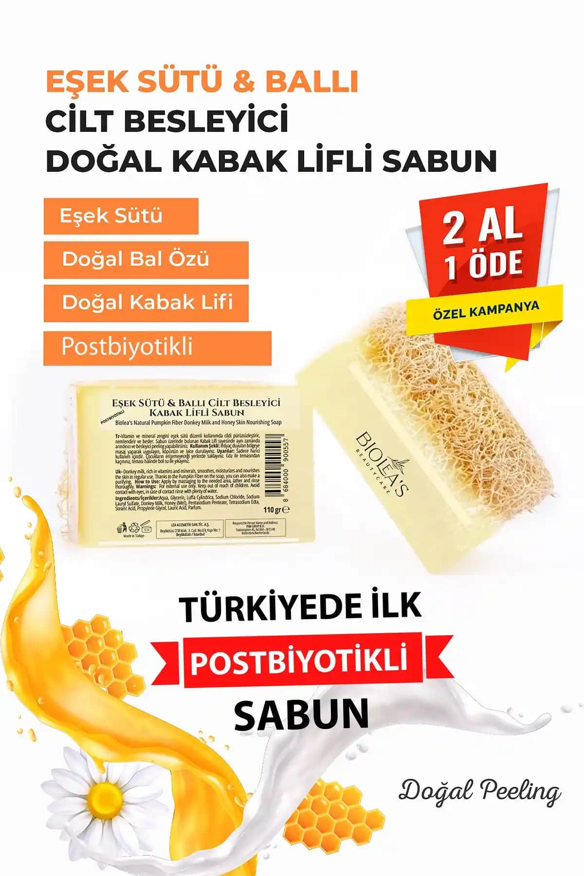 Biolea Doğal Kabak Lifi ve Eşek Sütü İçeren Sabun Cilt Sağlığı ve Temizliği İçin
